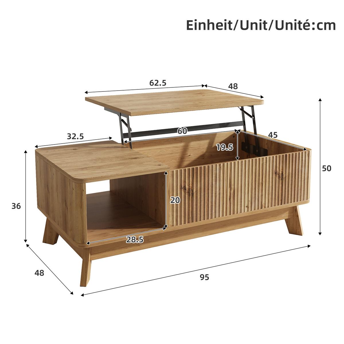 COUCHTISCH holzoptik & 3d-wellen-design mit lift-funktion & verstecktem stauraum - Naturfarben, Holzwerkstoff (48/95/50cm) - Urban Meuble