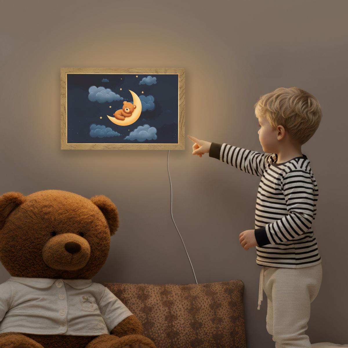 NACHTTISCHLAMPE Teddybär - Mond - Wolken - Sterne 30x20 cm - Dunkelblau, Holzwerkstoff (8/30/20cm) - OnlyWow