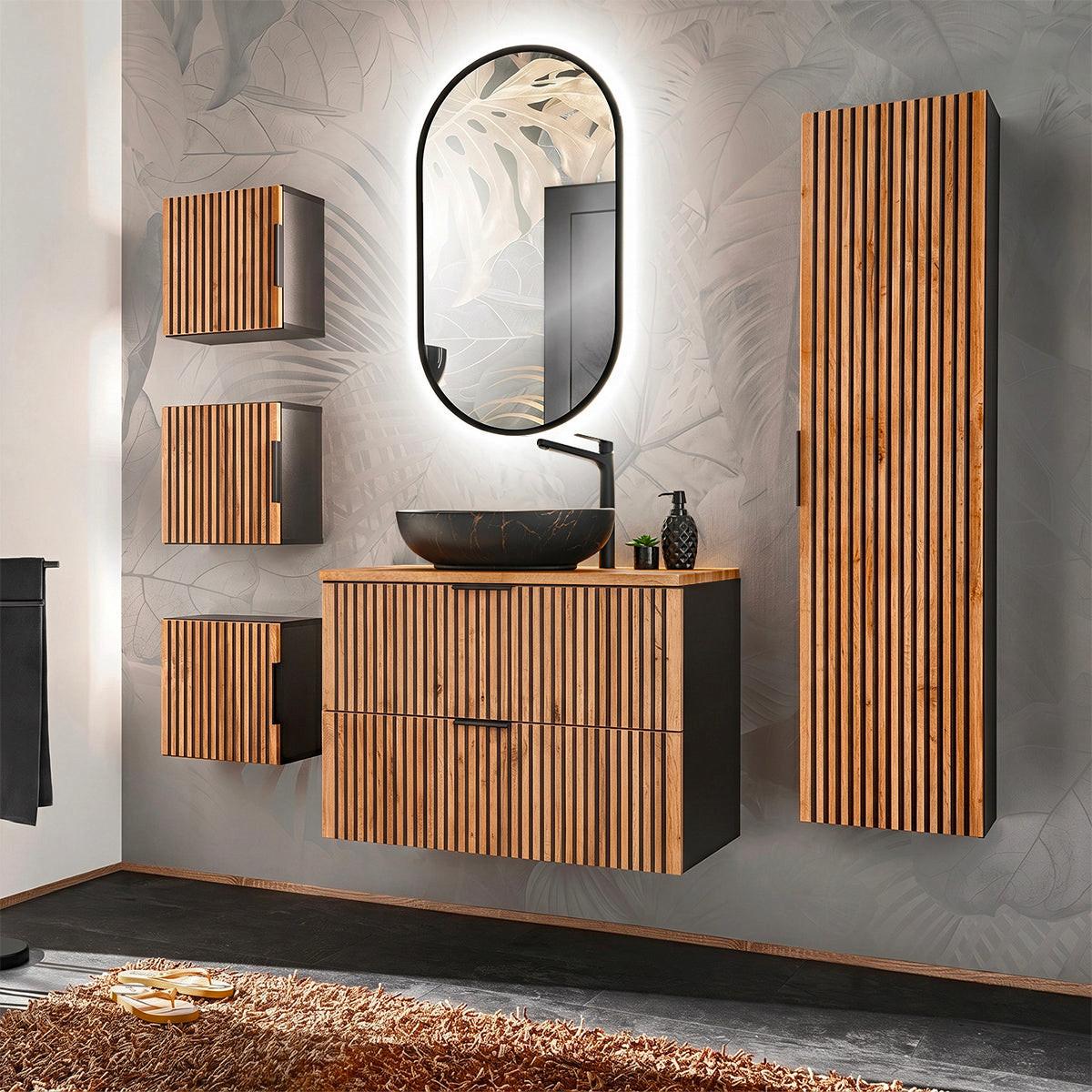 BADMÖBEL 80.6cm Gaia 2er-Set Holz in Eichenoptik und Schwarz - Braun, Holzwerkstoff (80.6/59/46cm) - Petits-meubles