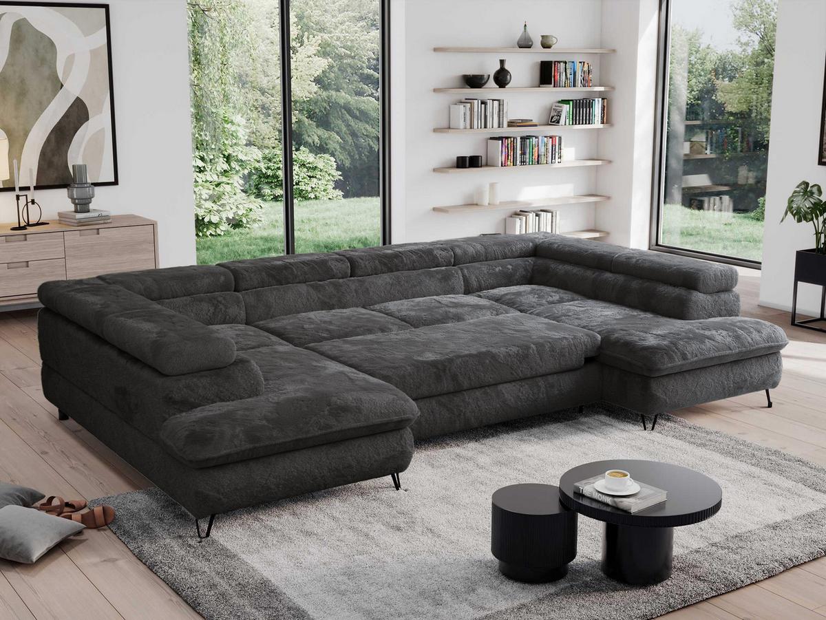 WOHNLANDSCHAFT PETER U Plüsch Anthrazit - Anthrazit/Schwarz, Textil/Metall (346/76/208cm) - MKS