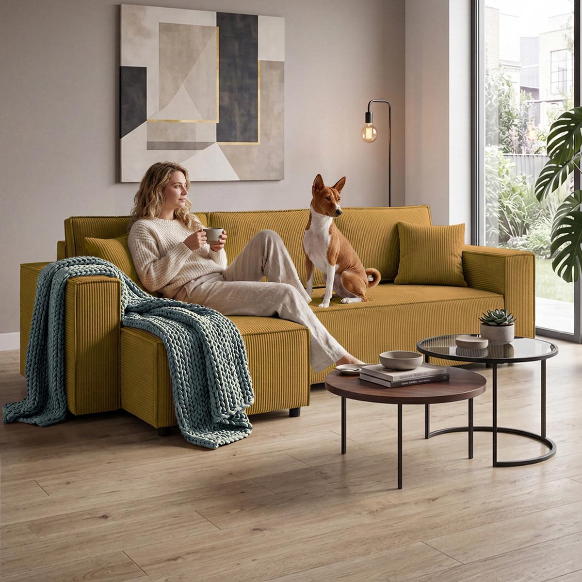 ECKSCHLAFSOFA Neapol mit Bettkasten, 255 cm, Cord-Stoff, Gelb - Gelb/Schwarz, Textil (256/148cm) - Beautysofa
