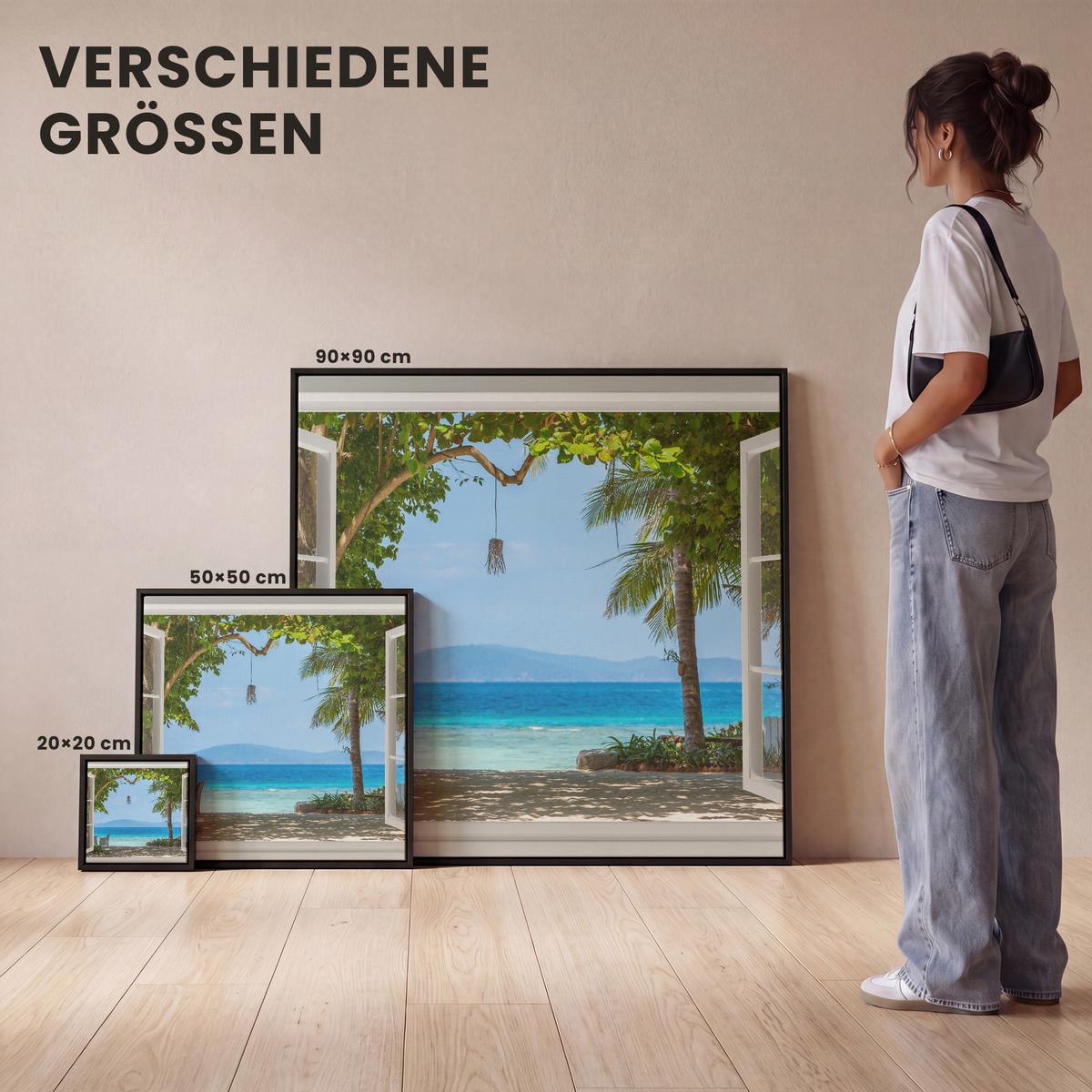 LEINWAND Bilder mit Rahmen - Aussicht - Baum - Meer - Palme - Hügel - Strand - Blau - 20x20 - Blau, Textil (20/20cm) - MuchoWow