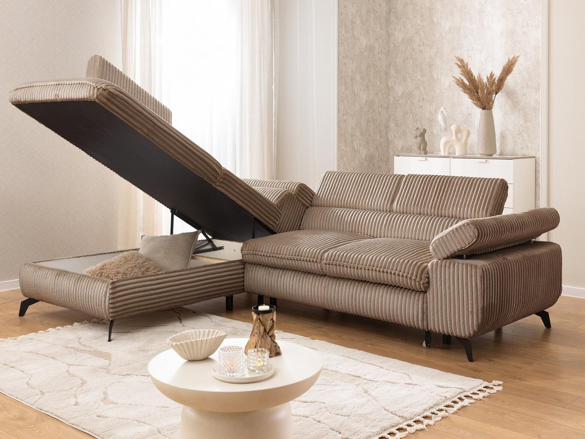 ECKSOFA mit Schlaffunktion und Bettkasten Bonnie aus Beige Cord-Stoff mit verstellbaren Kopfstützen und Armlehne - Ottomane links - Beige/Schwarz, Holz/Textil (275/210cm) - S-Style Möbel