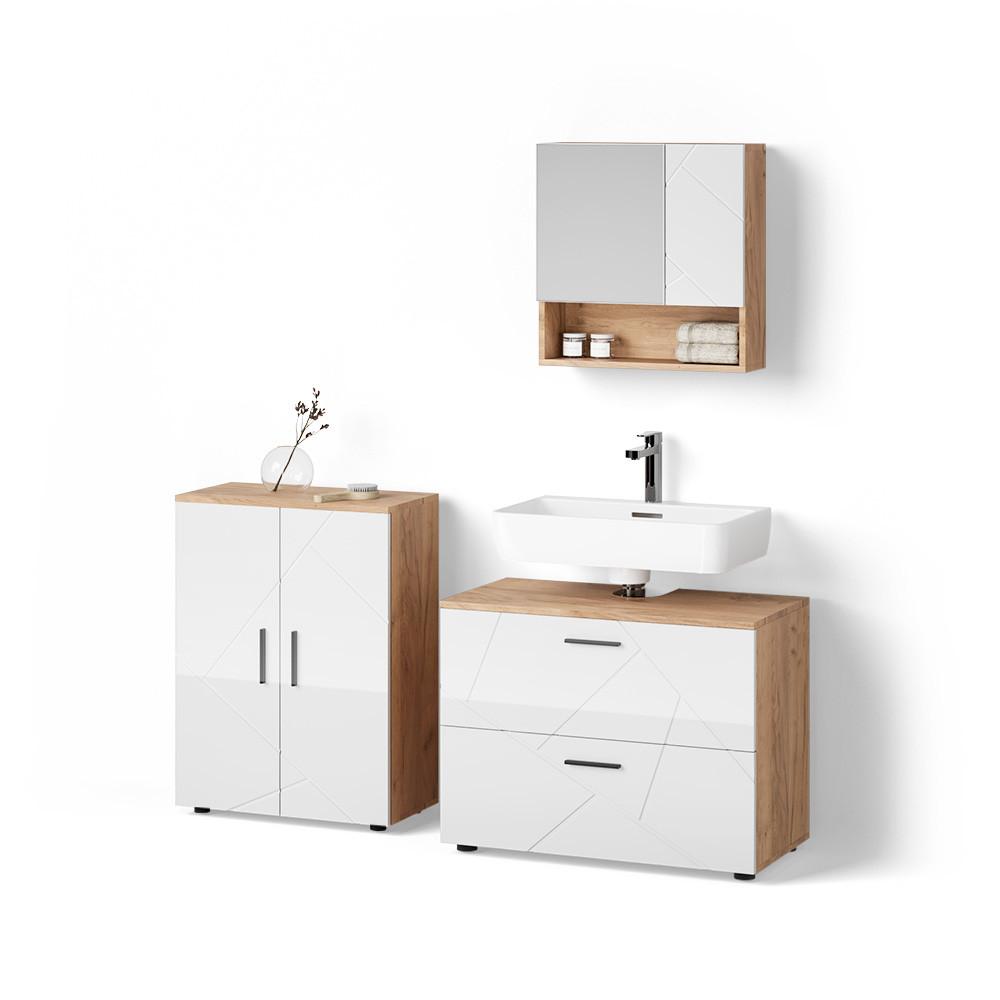 BADMÖBEL-SET Ronco Weiß Hochglanz/Goldkraft Eiche 3 Teile, mit Unterschrank 80 cm - Honigeiche/Weiß Hochglanz, Holzwerkstoff (80/58/41cm) - Livinity®