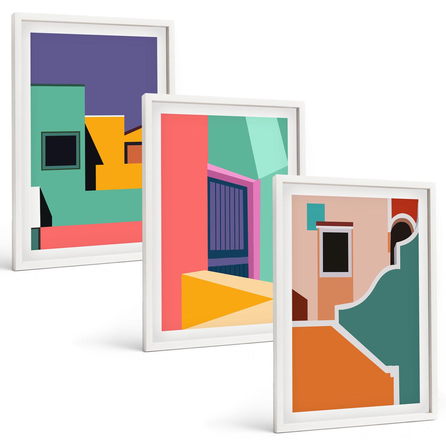 BILDER SET 3er Set - 40x60 cm Weißer Rahmen - Farbenfrohe Illustrationen der Stadt - Weiß, Kunststoff (40/60cm) - TULUP
