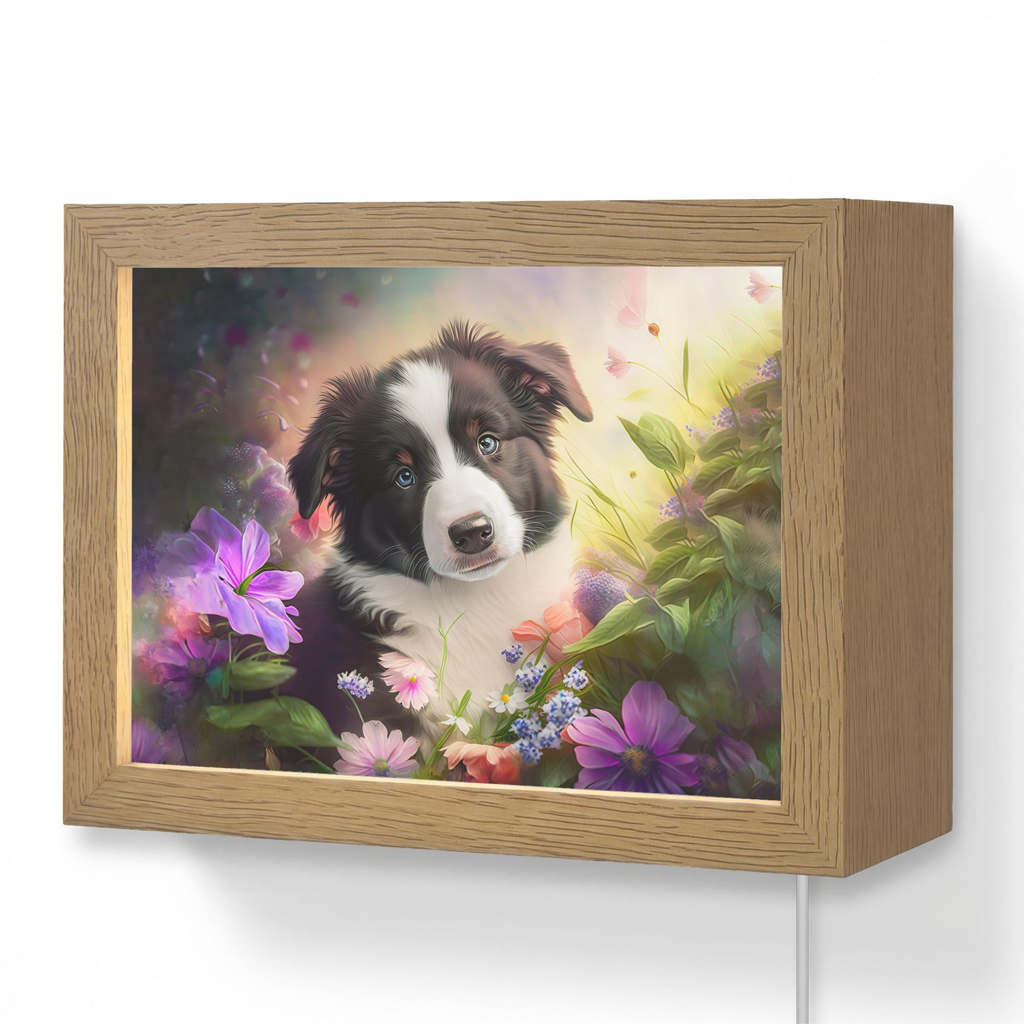 WANDLEUCHTE Welpe - Sonne - Blumen - Natur - Border Collie - Hund 20x15 cm - Violett, Holzwerkstoff (20/15/8cm) - OnlyWow