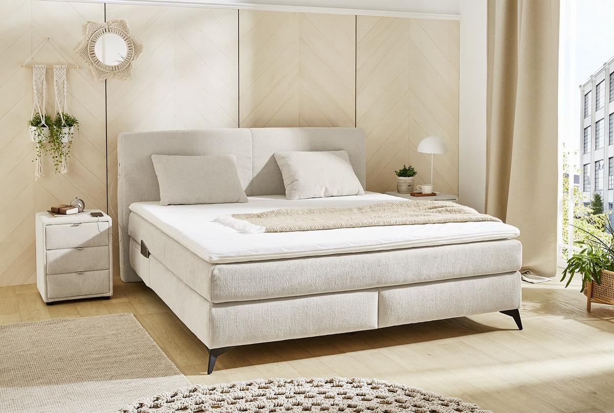 BOXSPRINGBETT 180x200 cm, 7-Zonen-Tonnentaschen-Federkernmatratzen H3, Topper, Bonell-Federkern, Beleuchtung, USB-Ladeports, Chenille Beige / 20017 - Beige/Schwarz, Textil/Metall (180/200cm) - luma-home