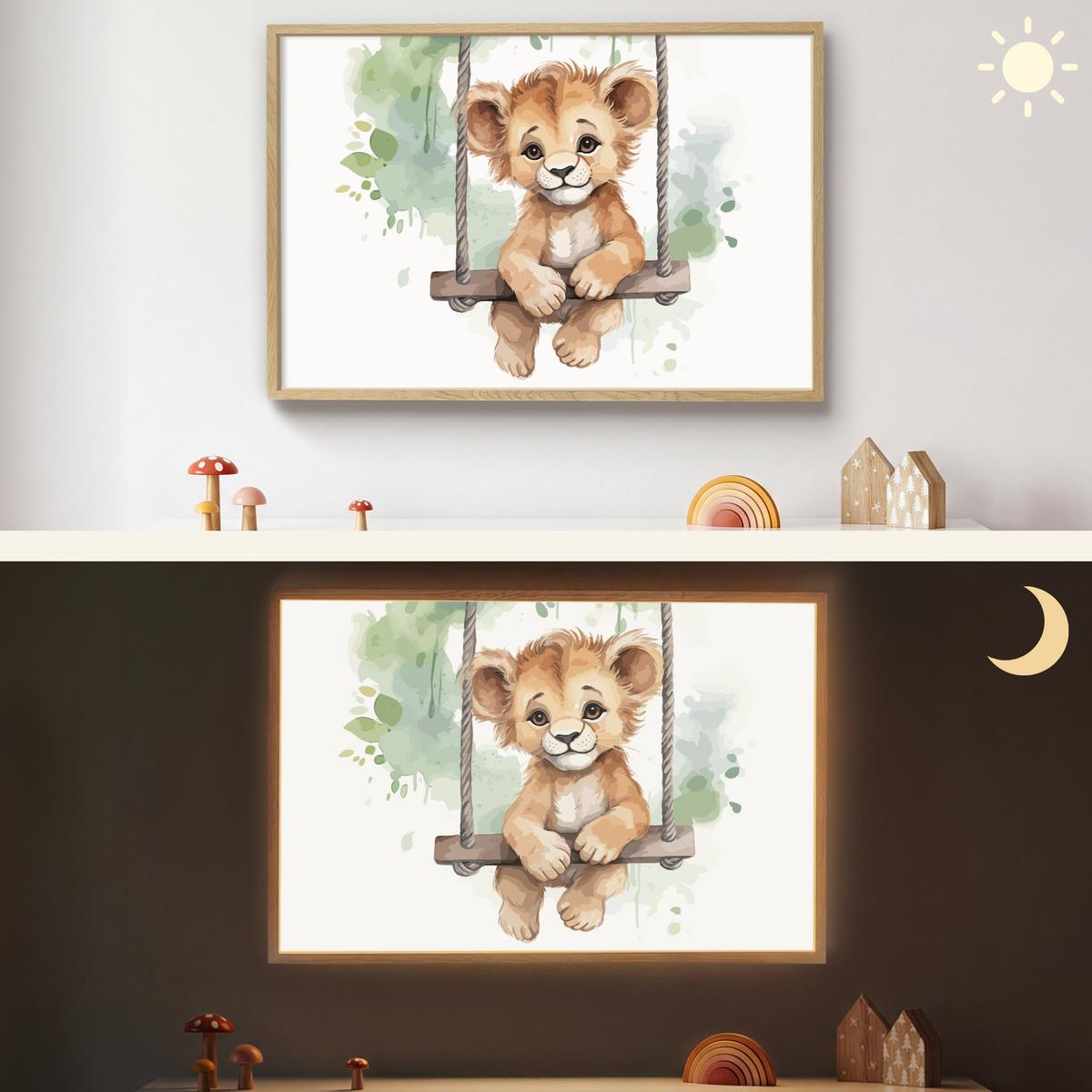 WANDLEUCHTE MIT AKKU Löwe - Tier - Kinder - Dschungel 100x70 cm - Weiß, Holzwerkstoff (100/70/8cm) - OnlyWow