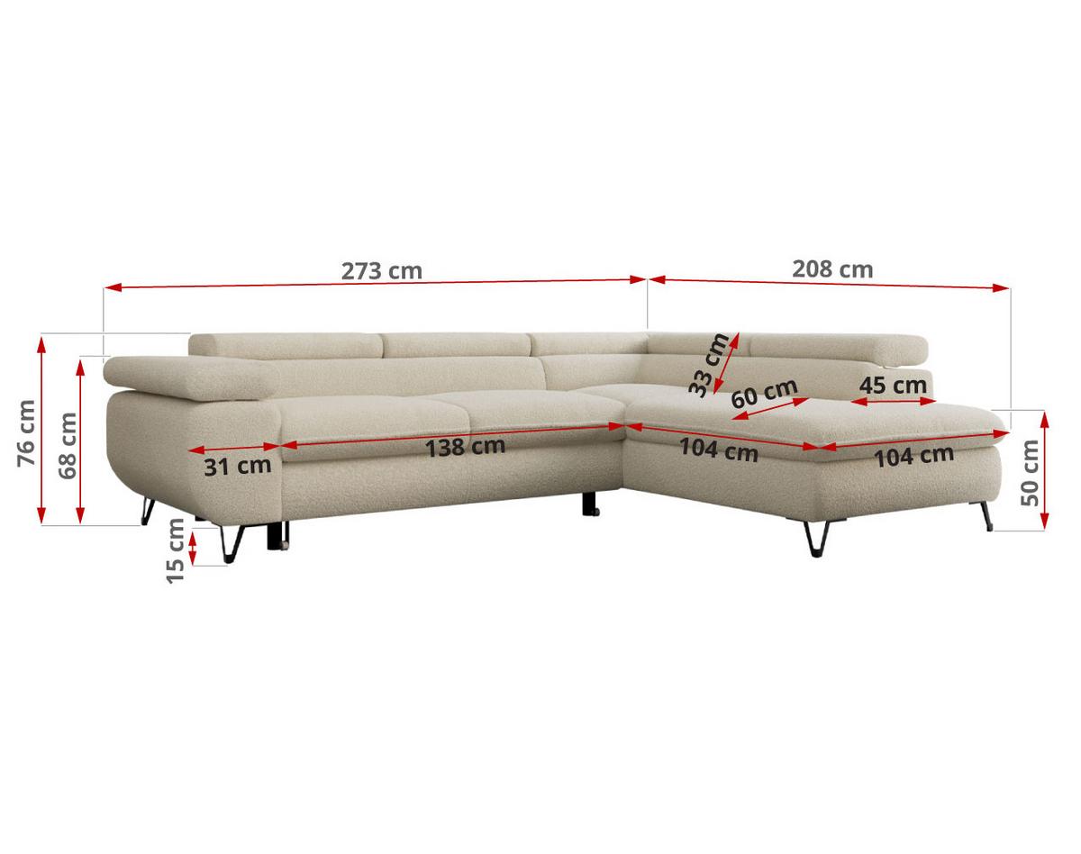 ECKSOFA PETER L Beige Boucle - Rechts Seite - Beige/Schwarz, Textil/Metall (273/208cm) - MKS