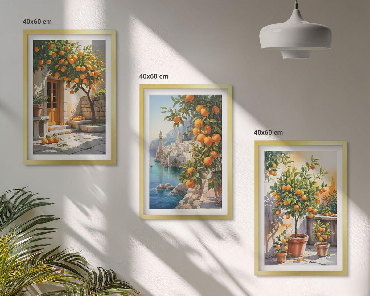 BILDER SET 3er Set - 40x60 cm Goldrahmen - Gemalte Zitruslandschaften - Goldfarben, Kunststoff (40/60cm) - TULUP