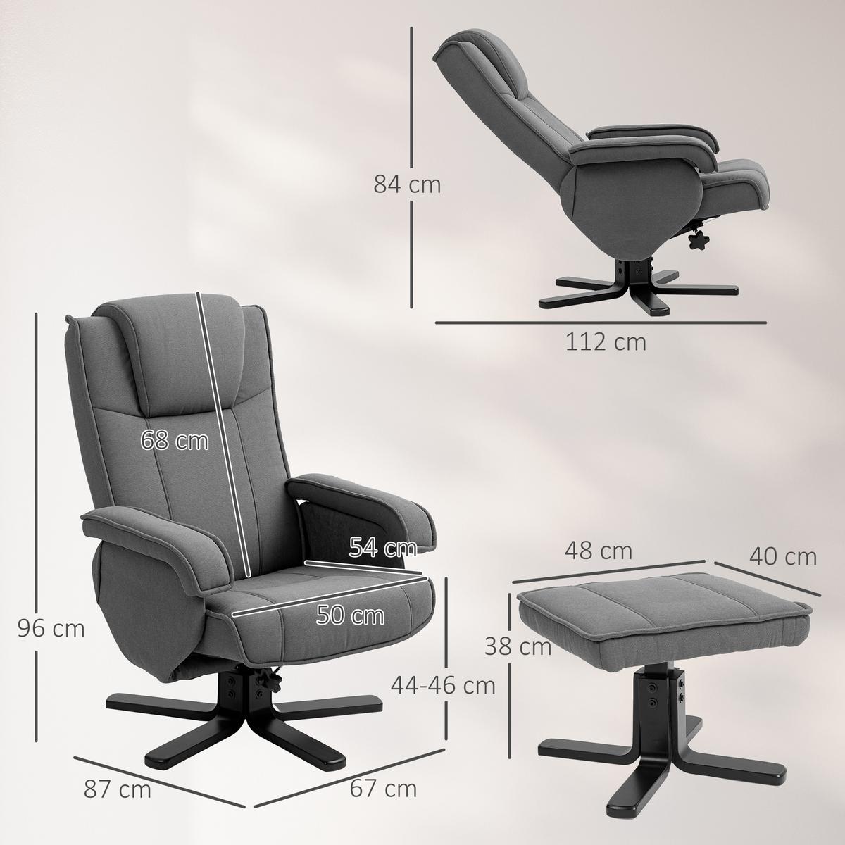 RELAXSESSEL mit Hocker, drehbarer Fernsehsessel mit Liegefunktion, Dunkelgrau - Dunkelgrau, Kunststoff (67/96/87cm) - HOMCOM