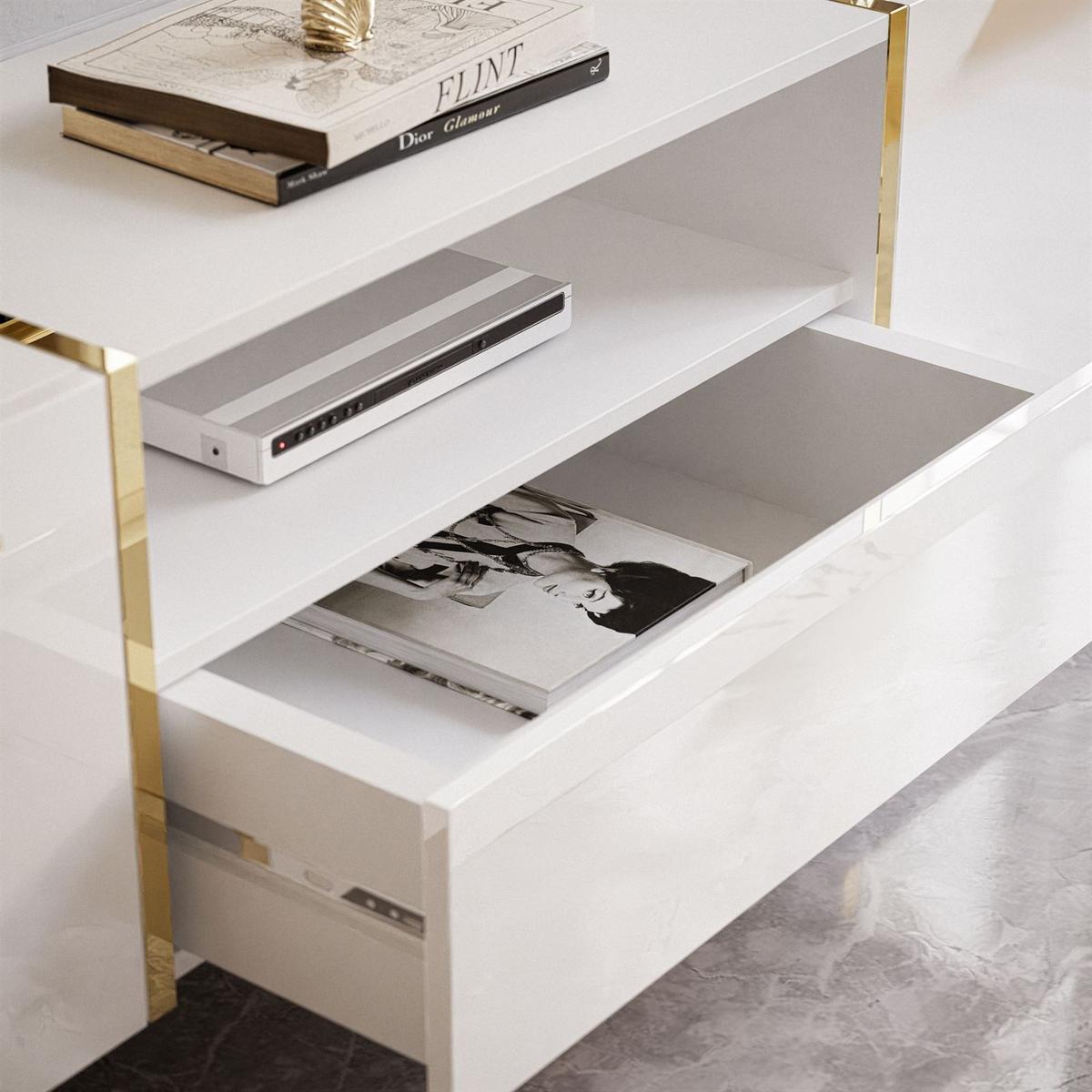 TV-ELEMENT ONYX AUF GOLDENEN BEINEN HOCHGLANZ 158 CM PUSH OPEN - Weiß, Holzwerkstoff (158/53/41.3cm) - Lookway