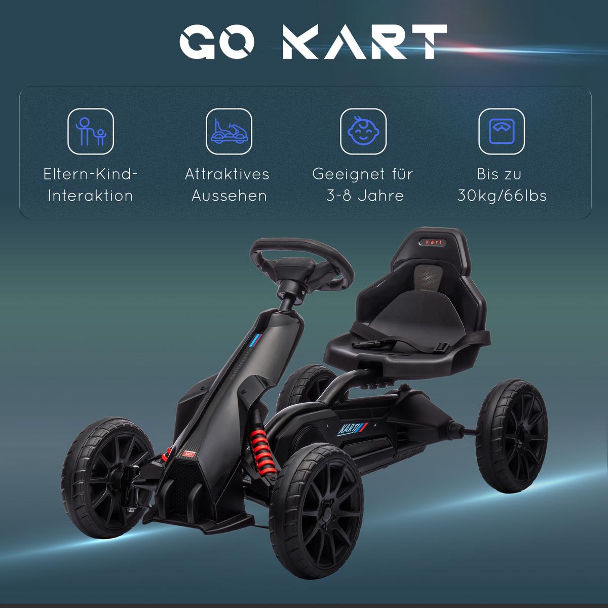 KINDER GO KART TRETAUTO, Schwarz, Kunststoff, Metall - Schwarz, Metall (100/58/58.5cm) - HOMCOM