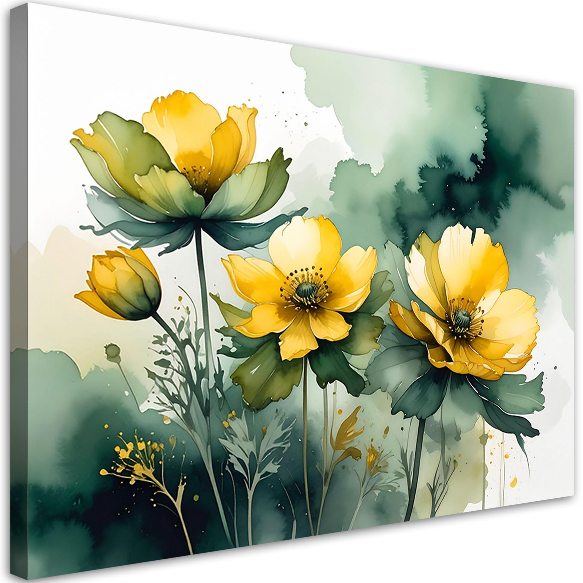 WANDBILD, Gelbe Frühlingsblumen auf einem zartgrünen Hintergrund - Grün, Textil (60/40cm) - Feeby