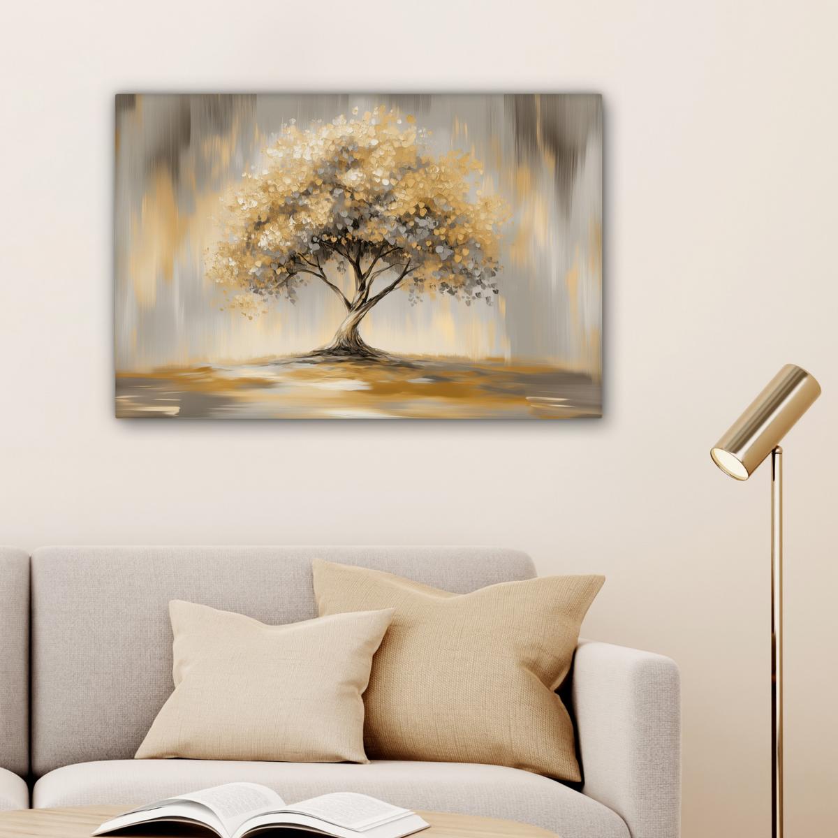 LEINWANDBILD Gemälde - Baum - Abstrakt - Blätter Gemälde 60x40 cm - Beige, Textil (60/40cm) - MuchoWow