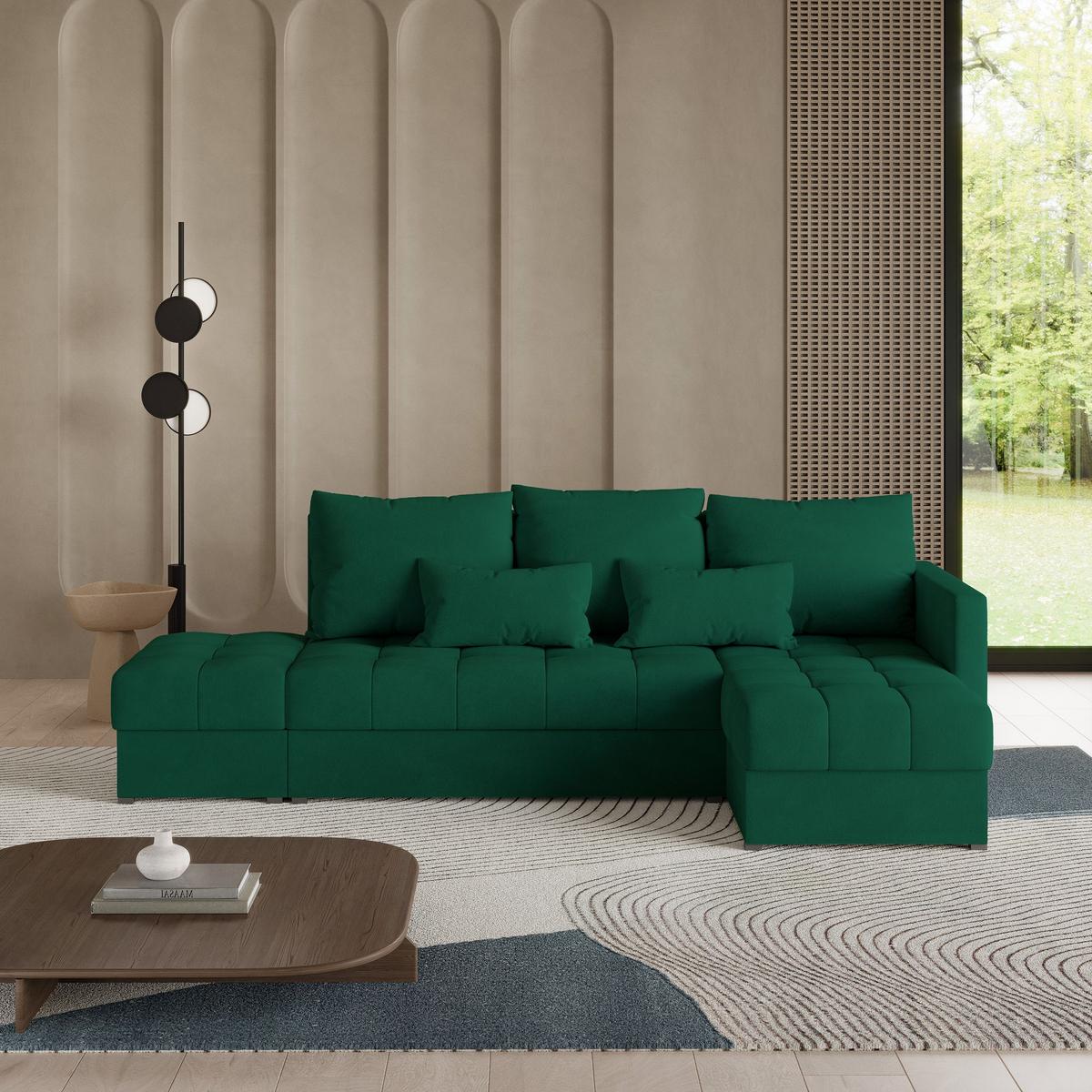ECKSOFA LUMARI R-S Grün Plüsch-Stoff mit Schlaffunktion - Grün, Holz (262/143cm) - MASSENO
