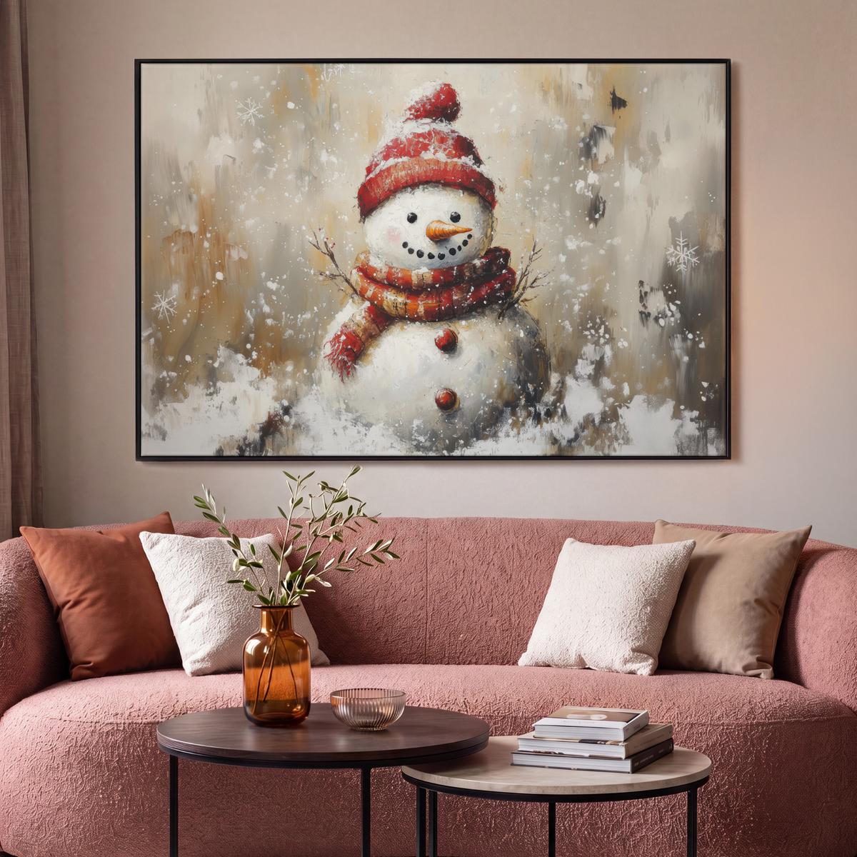 LEINWAND Bilder mit Rahmen - Schneemann - Winter - Schnee - Beige - 120x80 - Weiß, Textil (120/80cm) - MuchoWow