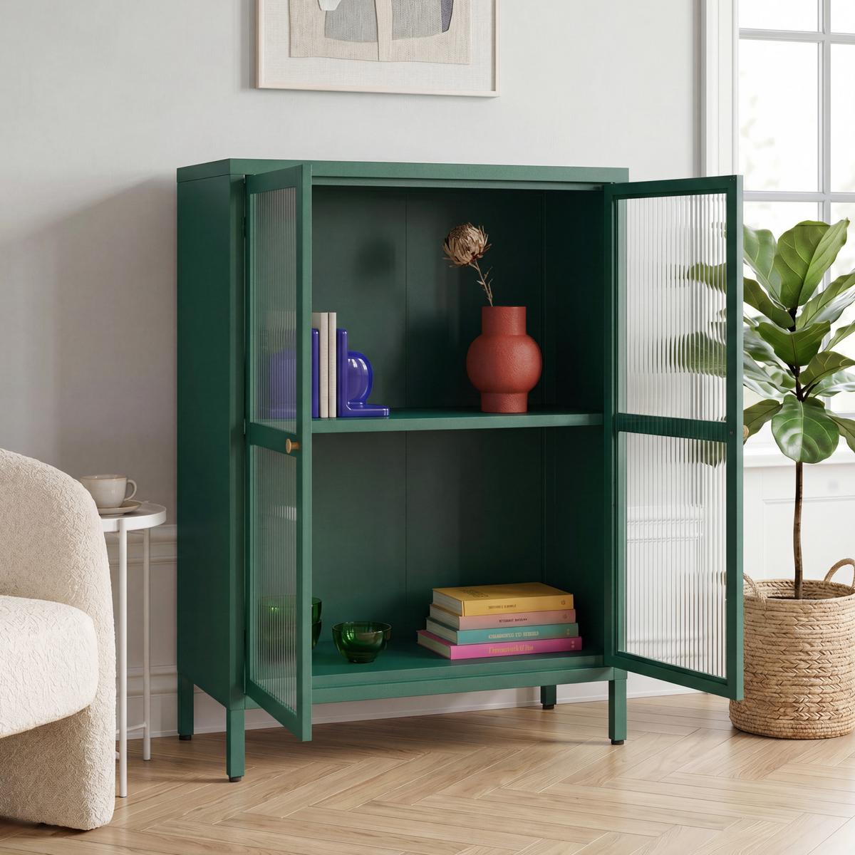 VITRINE Säkylä - Dunkelgrün/Transparent, Glas/Metall (64/84/35cm) - [en.casa]