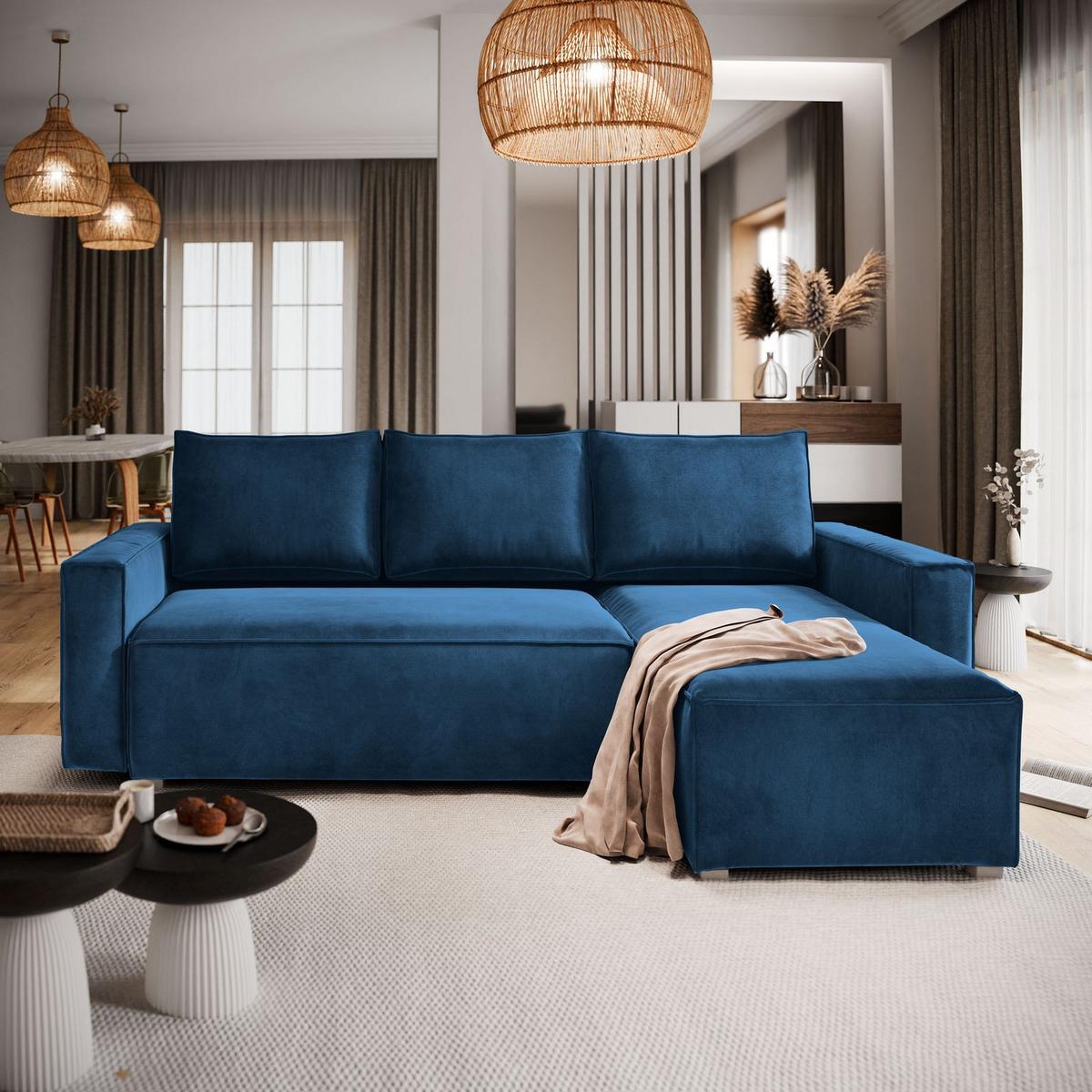ECKSOFA SILES Blau Velours-Stoff mit Schlaffunktion - Blau/Grau, Holz/Kunststoff (230/140cm) - MASSENO