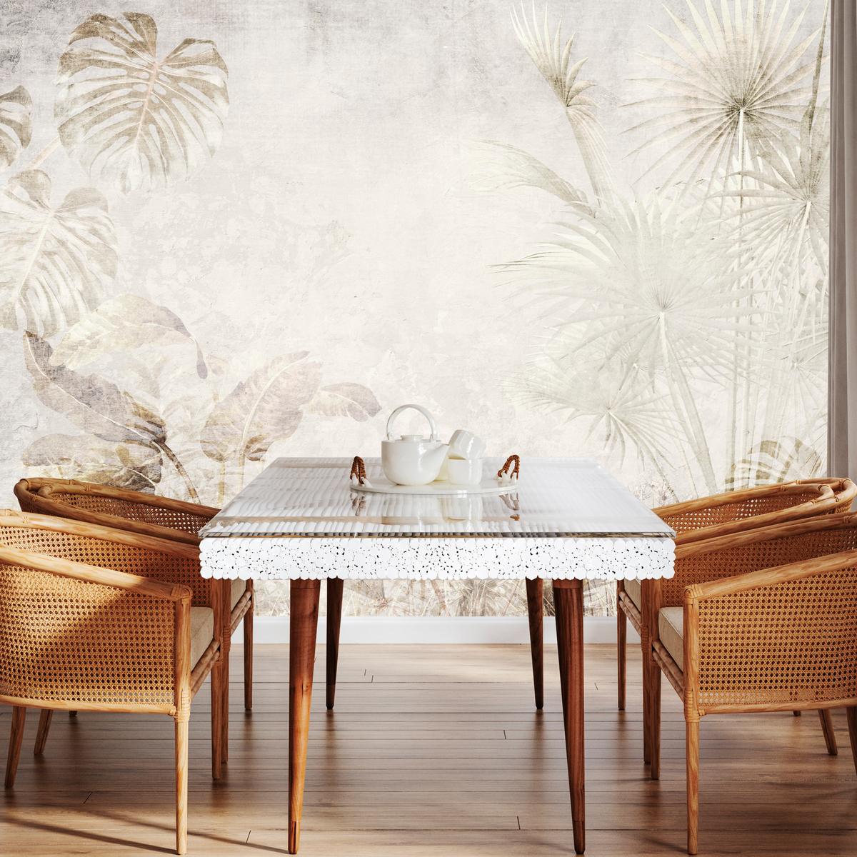 FOTOTAPETE für Wohnzimmer Tropisch Vintage Palmenblätter Beton 200x140 - Beige/Creme, Papier (200/140cm) - Muralo