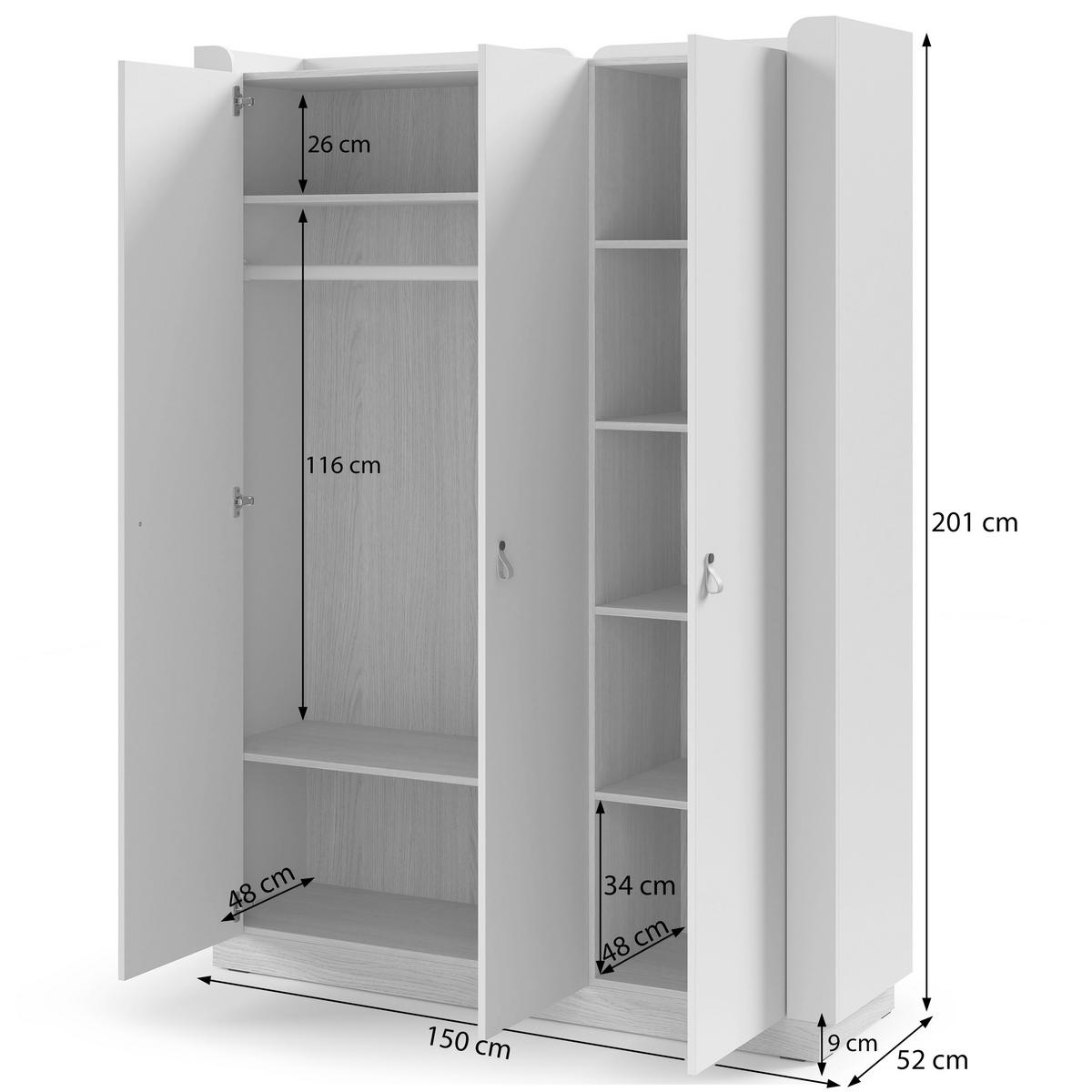 DREHTÜRENSCHRANK Sorella mit 3 Türen, 150 cm, für Jugendzimmer, Macadamia + Eiche Mavelie - Eichefarben/Beige, Leder/Holzwerkstoff (150/201/52cm) - Beautysofa
