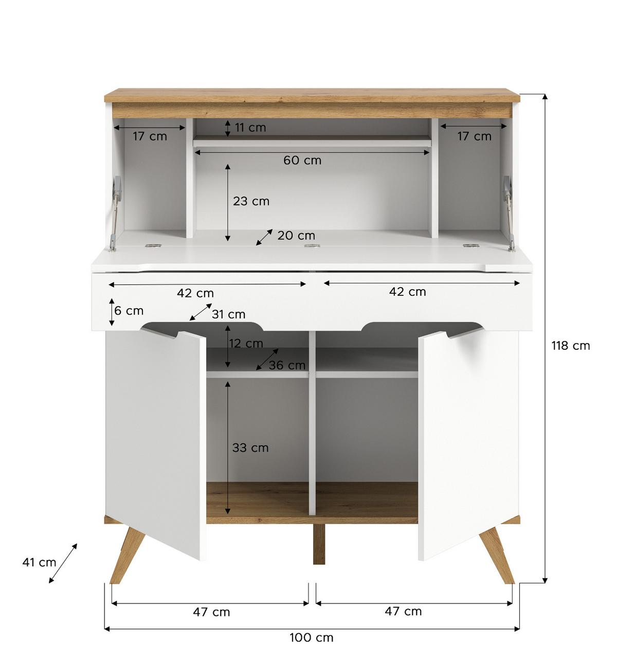 SEKRETÄR weiß, Eiche 100 cm skandinavisch, Schreibtisch mit Soft-Close - Eichefarben/Weiß, Holzwerkstoff/Metall (110/40/118cm) - Inn.Furn