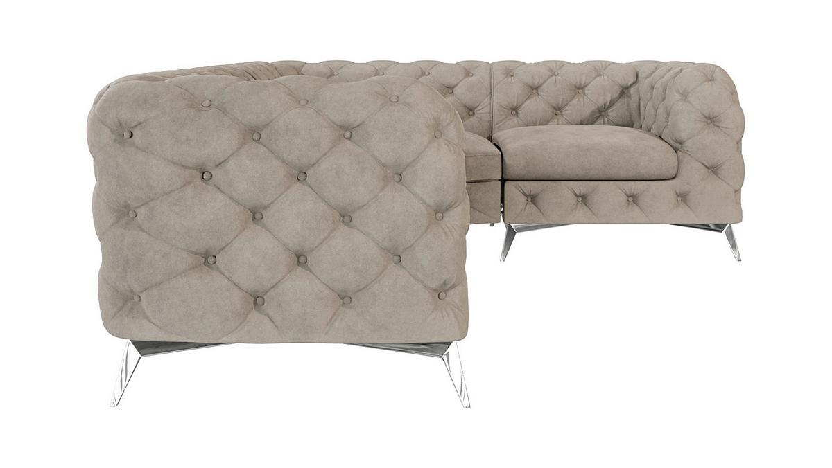 ECKSOFA Chesterfield Laura Dunkle Creme Samt, Ottomane rechts - Silberfarben/Creme, Holz/Textil (264/204cm) - S-Style