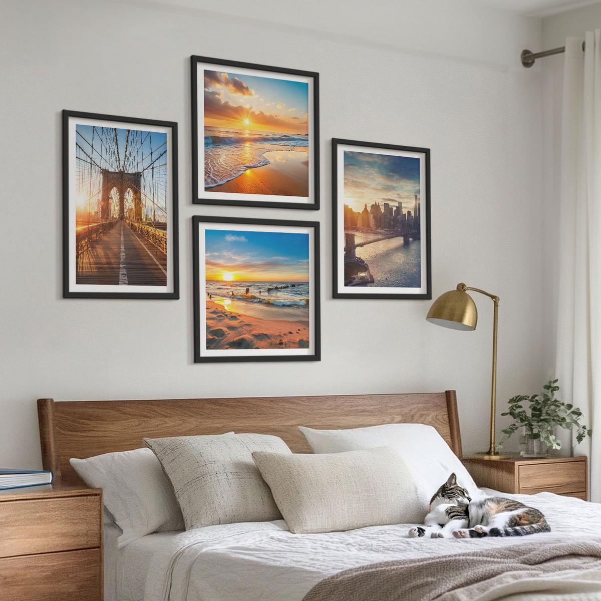 BILDER SET 4er Set - 50x50 cm & 40x60 cm Schwarzer Rahmen - Brücken, Sonnenuntergänge, Stadt - Schwarz, Kunststoff (50/50cm) - TULUP