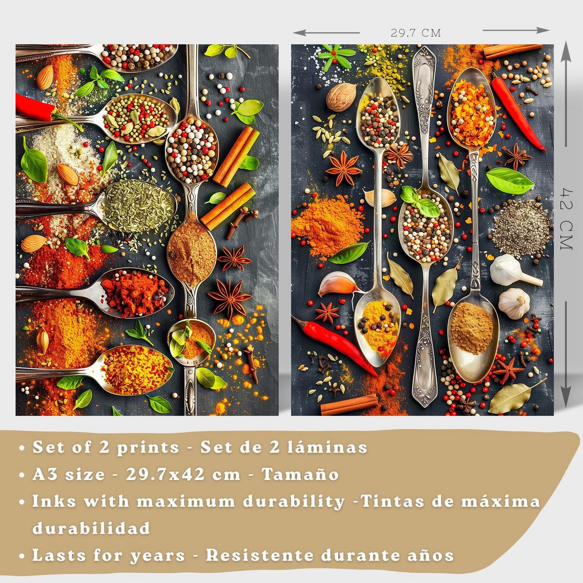POSTER 2er Set Küchen-Wandbilder Limette Minze Getränk und Gewürze Food Fotografie Esszimmer Wanddeko Leichter Holzrahmen A3 - Beige, Papier (29.7/1/42cm) - Nacnic