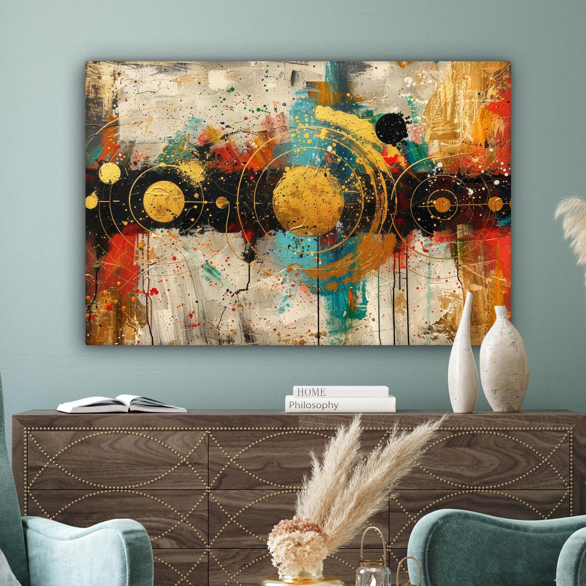 LEINWANDBILD Abstrakt - Kunst - Gold - Modern Groß 140x90 cm - Multicolor, Textil (140/90cm) - MuchoWow