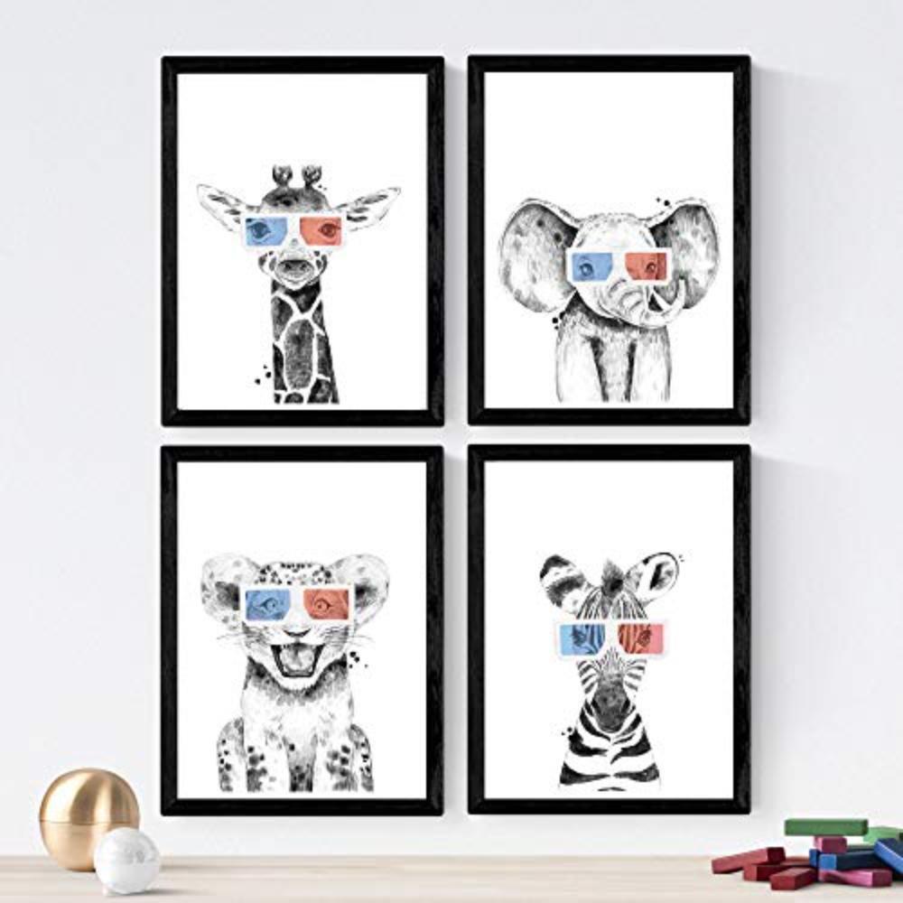 POSTER Set mit 4 Kinder Tiere mit 3DBrille A4 Schwarzer Rahmen - Schwarz, Papier (29.7/3cm) - Nacnic