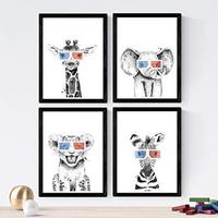 POSTER Set mit 4 Kinder Tiere mit 3DBrille A4 Schwarzer Rahmen - Schwarz, Papier (29.7/3cm) - Nacnic