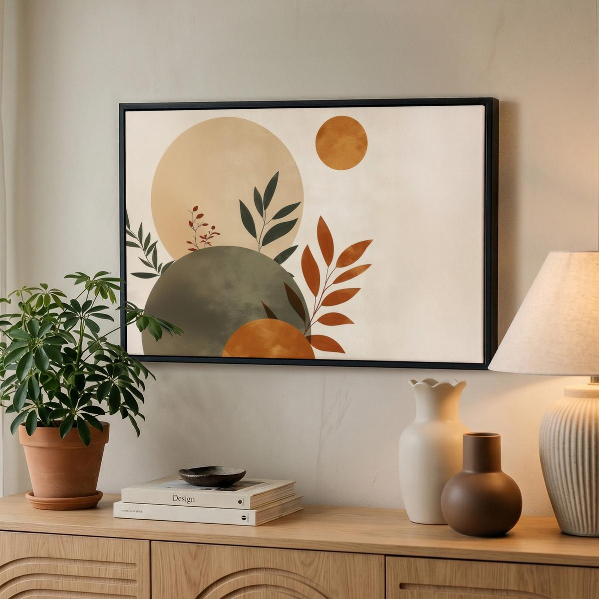 LEINWAND Bilder mit Rahmen - Formen - Rund - Blätter - Beige - 60x40 - Rostfarben, Textil (60/40cm) - MuchoWow