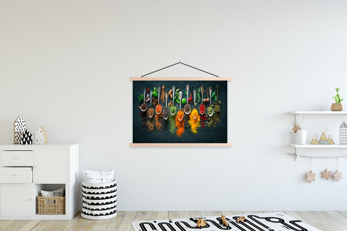 POSTER MIT MAGNETLEISTEN Kräuter - Gewürze - Löffel Magnetleiste 120x80 cm - Currygelb, Textil (120/80/0.15cm) - MuchoWow