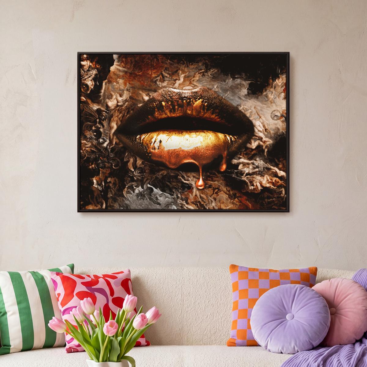 LEINWAND Bilder mit Rahmen - Gold - Lippen - Kunst - Gold - Luxus - Abstrakt - 70x50 - Kupferfarben, Textil (70/50cm) - MuchoWow