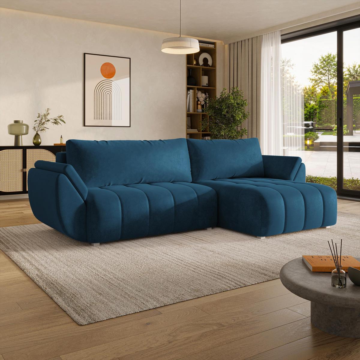 ECKSOFA OLSI Blau Velours-Stoff mit Schlaffunktion - Blau, Holz (285/148cm) - MASSENO