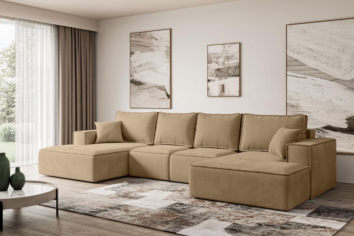 WOHNLANDSCHAFT mit Schlaffunktion und Bettkasten SIERRA-U-S - 349x161x87 cm Beige Velours - Beige/Schwarz, Holzwerkstoff/Kunststoff (349/87/161cm) - ALTDECOR