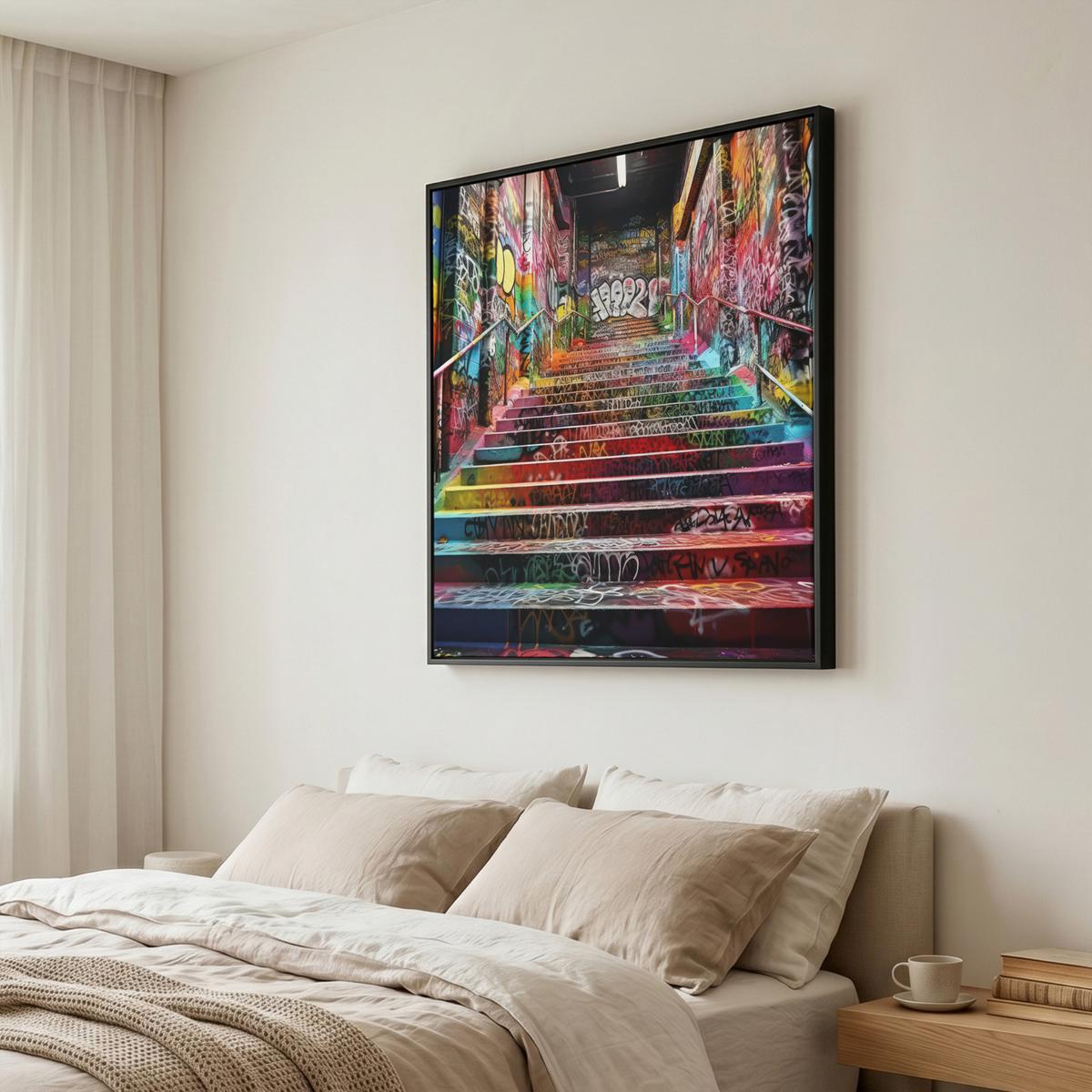 LEINWAND Bilder mit Rahmen - Treppe - Graffiti - Farben - Kunst - 90x90 - Multicolor, Textil (90/90cm) - MuchoWow