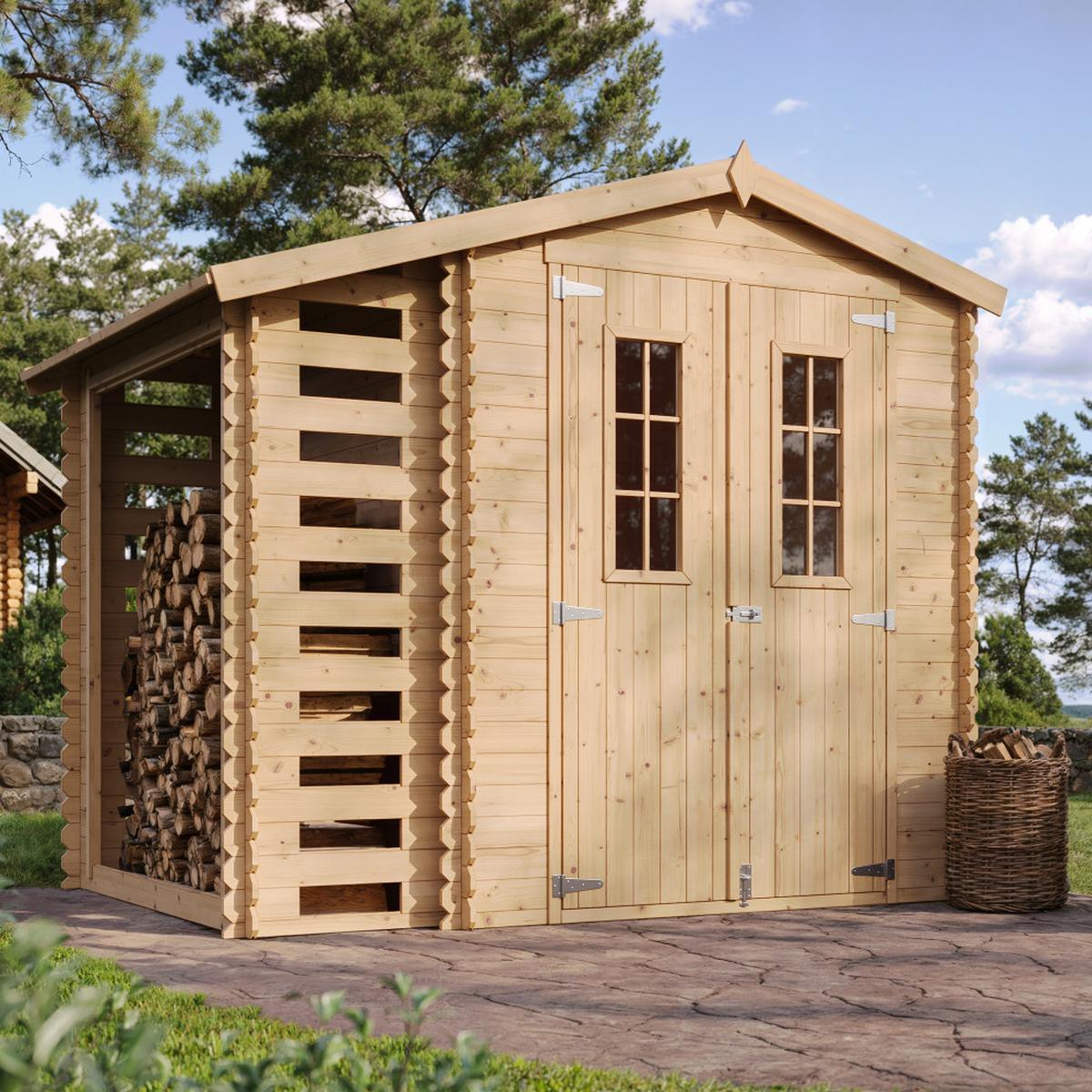 GARTENHAUS HOLZ Mit Brennholzschuppen M386C - B272xL206xH218 cm/ 3,53 + 0,97 m2 - Beige, Holz (272/218/206cm) - Timbela