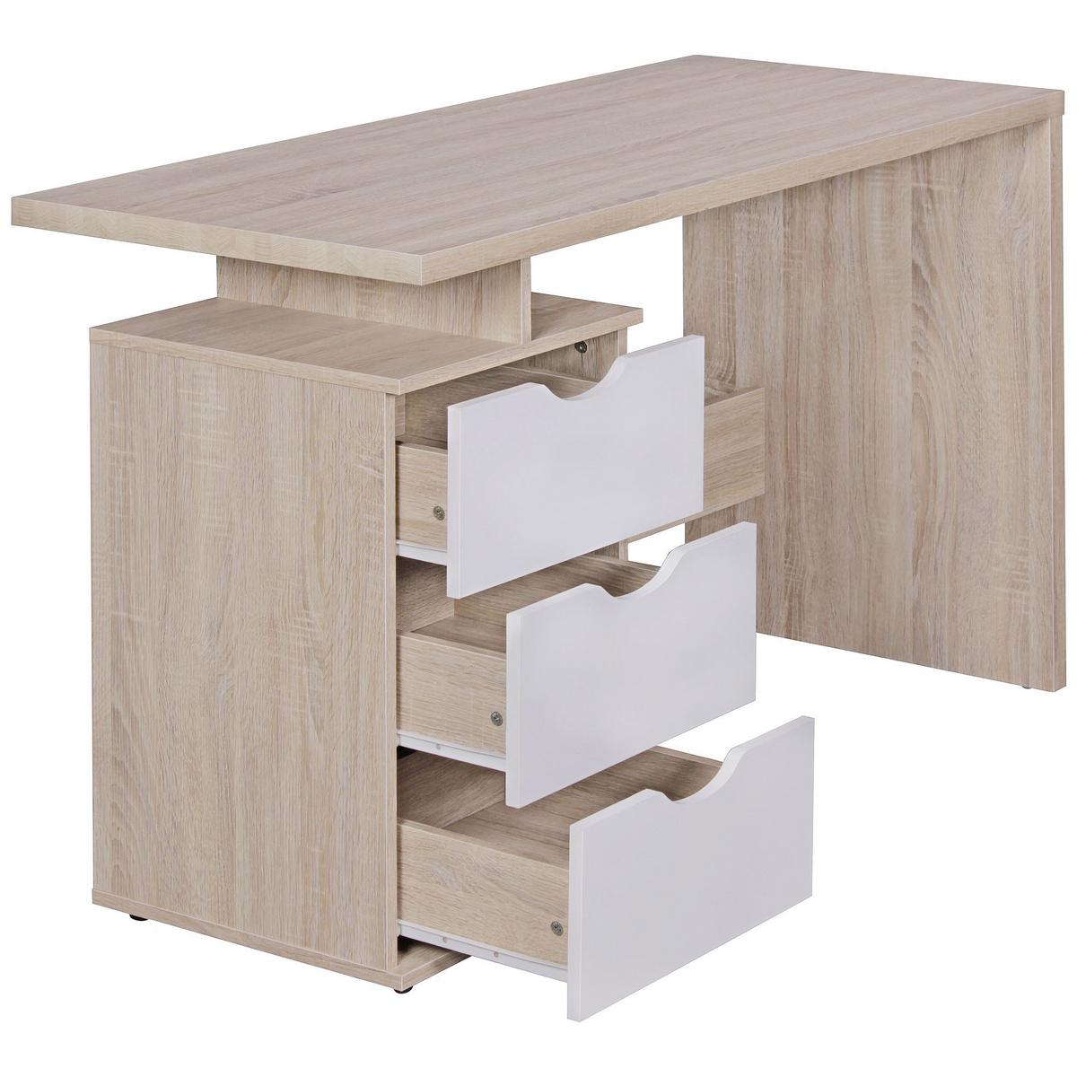 SCHREIBTISCH – Sonoma Weiß, 120x76x53 cm, 3 Schubladen, kompakt, mit Ablage - Beige, Holzwerkstoff (120/53/76cm) - KADIMA DESIGN