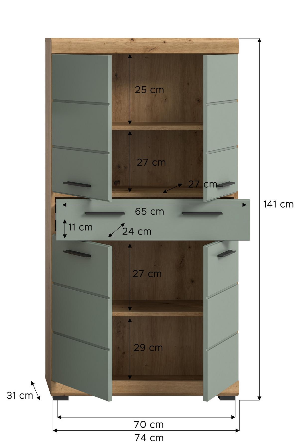 MIDISCHRANK Salbei grün, Eiche Artisan 74 x 141 cm, Badschrank 4-türig - Salbeigrün/Schwarz, Holzwerkstoff/Kunststoff (74/141/31cm) - Inn.Furn