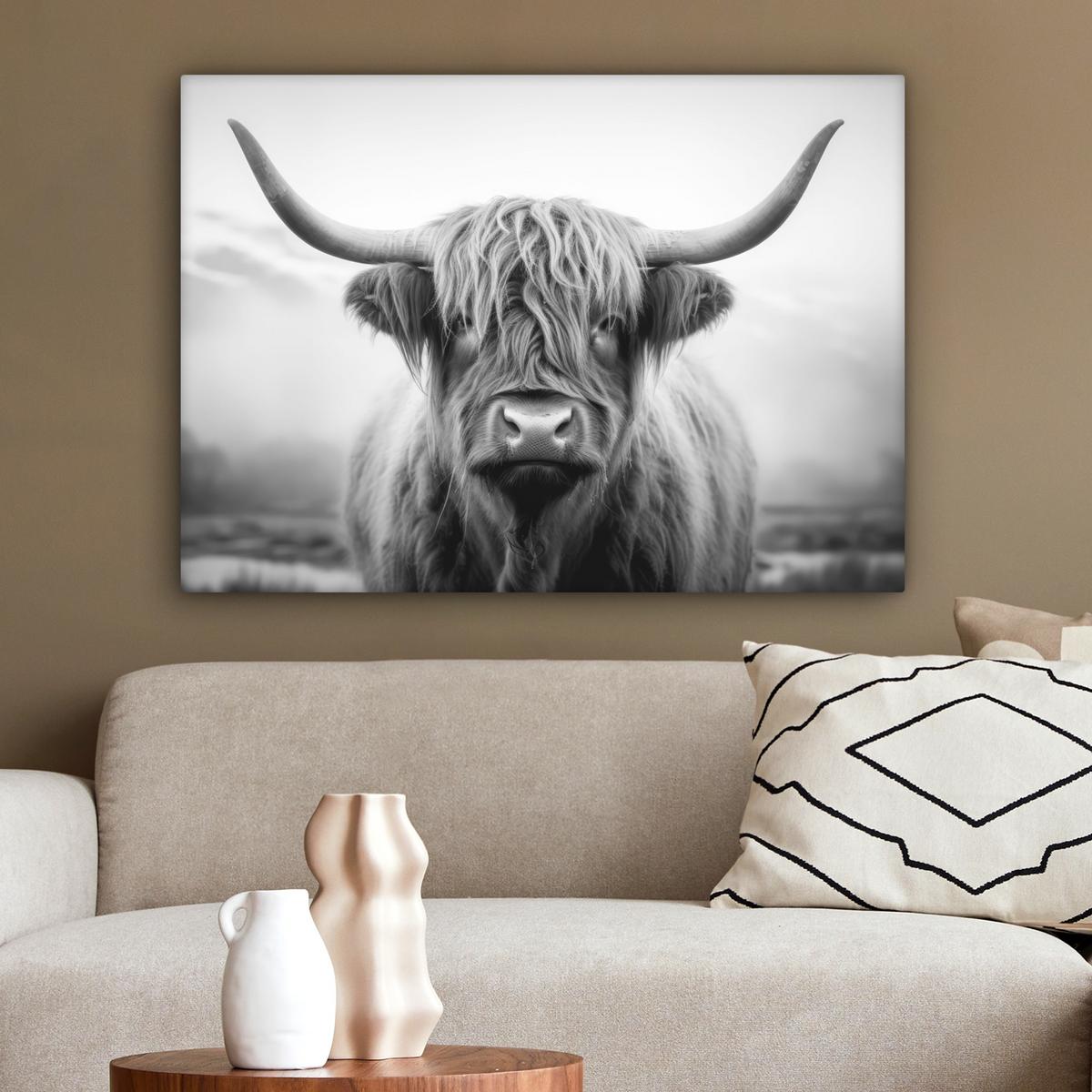 LEINWANDBILD Schottischer Highlander - Nebel - Schwarz - Weiß Wandbilder 80x60 cm - Grau, Textil (80/60cm) - MuchoWow