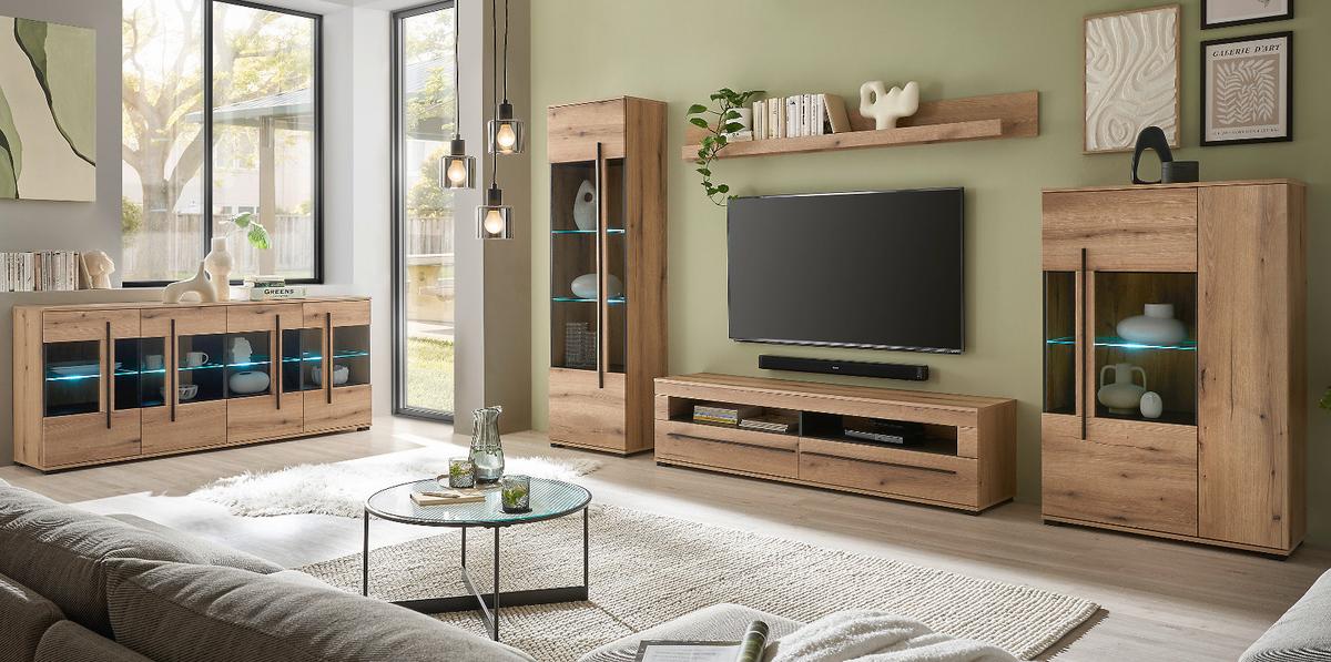 HIGHBOARD Eiche Evoke, Vitrine 90 x 140 cm mit LED Beleuchtung - Eichefarben/Schwarz, Glas/Holzwerkstoff (90/140/37cm) - Furn.Design