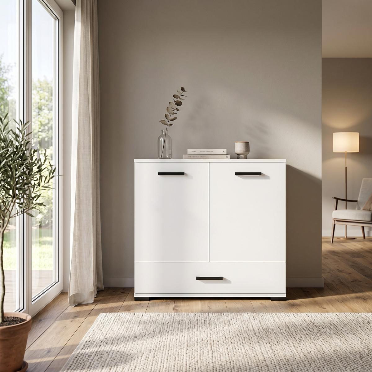 KOMMODE ALBANO 90/83/40cm mit 1 Schubladen 2 Türen Weiß - Weiß, Holzwerkstoff (90/83/40cm) - MASSENO