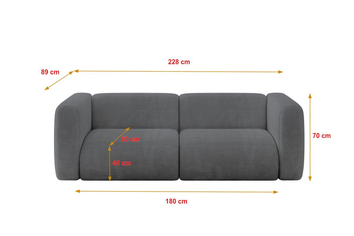 MODULARES Sofa 2-SITZER MIRA-S1 228x89x70 Dunkelgrau cm Cord - Dunkelgrau/Graphitfarben, Holzwerkstoff/Kunststoff (228/70/89cm) - ALTDECOR