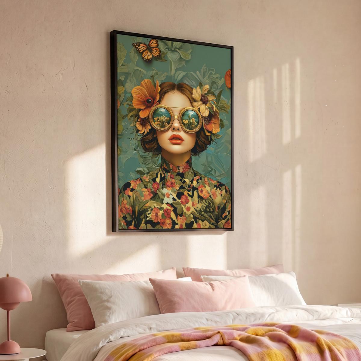 LEINWAND Bilder mit Rahmen - Frau - Blumen - Schmetterlinge - Natur - Vintage - 80x120 - Salbeigrün, Textil (80/120cm) - MuchoWow