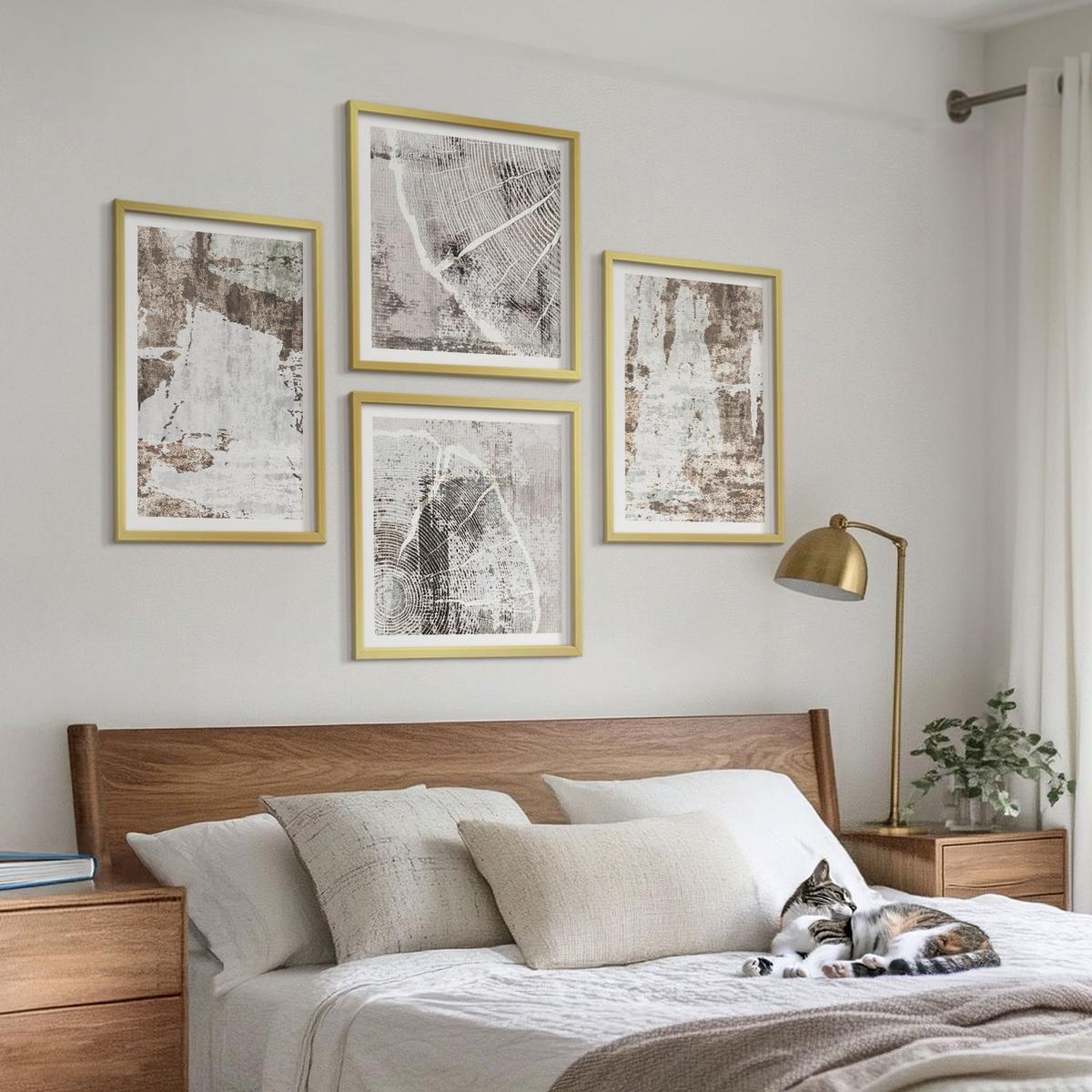 BILDER SET 4er Set - 50x50 cm & 40x60 cm Goldrahmen - Abstrakte Muster, weiß, braun - Goldfarben, Kunststoff (50/50cm) - TULUP