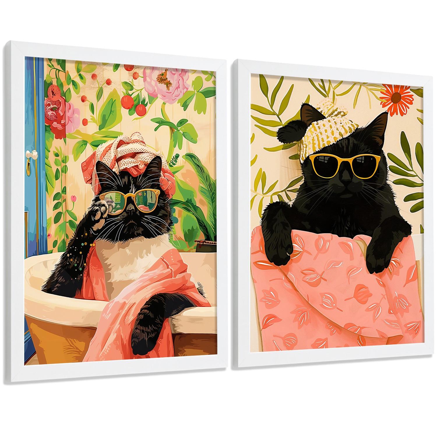 POSTER 2er Kunstdruck-Set Wandbilder Katzen Badezimmer modern Wohnzimmer Deko, Schlafzimmer, Küche Weißer Rahmen A3 - Weiß, Papier (29.7/1/42cm) - Nacnic