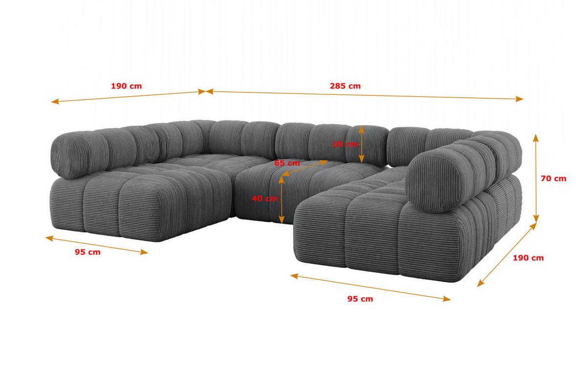 WOHNLANDSCHAFT modulares Sofa Garvo-U1 - 285x190x70 cm Dunkelgrau Cord - Dunkelgrau, Holzwerkstoff/Textil (285/70/190cm) - ALTDECOR