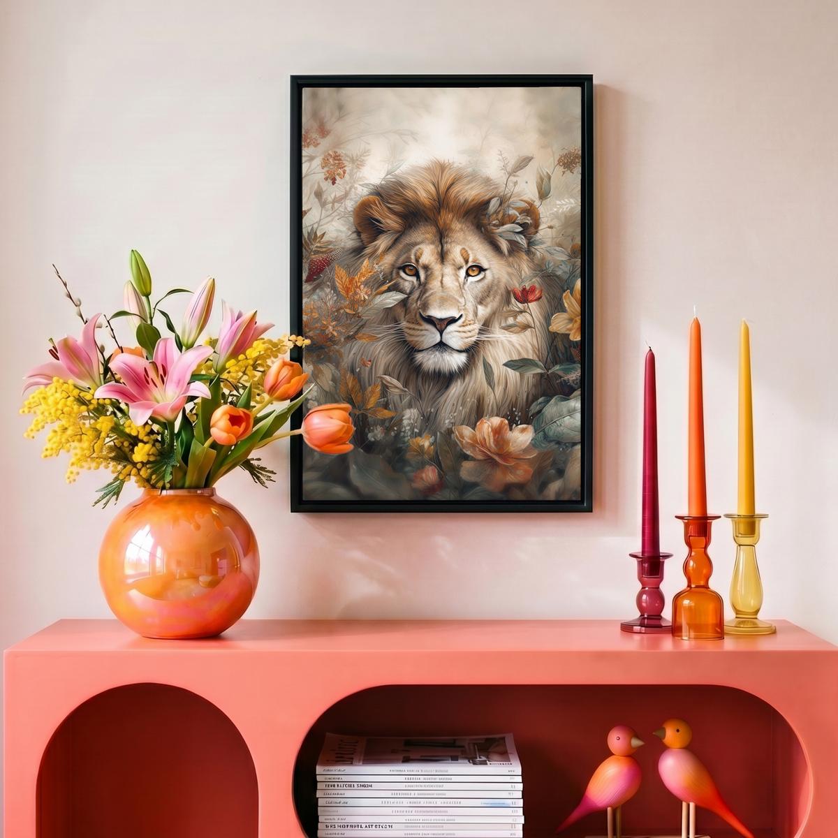 LEINWAND Bilder mit Rahmen - Löwe - Wildtiere - Pflanzen - Natur - Blumen - 20x30 - Beige, Textil (20/30cm) - MuchoWow